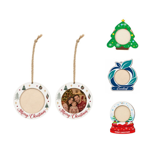 A collection of custom-shaped wooden ornaments in various designs, featuring Christmas themes and placeholders for photos.