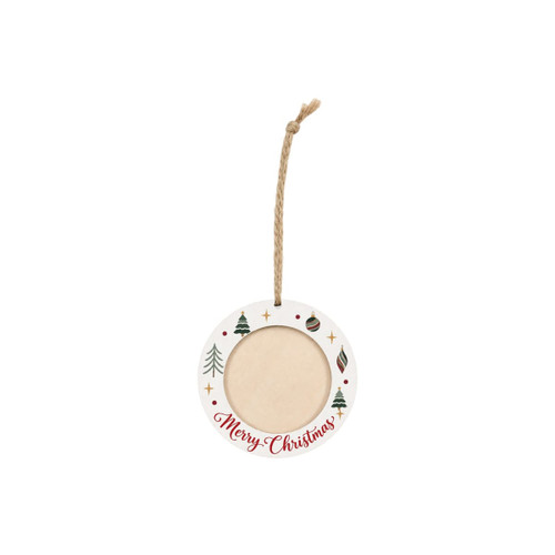 A round wooden ornament with a white background, decorated with trees and baubles, featuring a blank centre and a hanging twine.