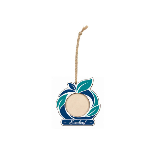 A custom-shaped wooden ornament featuring a leaf design in teal and navy, with a blank centre for personalisation.