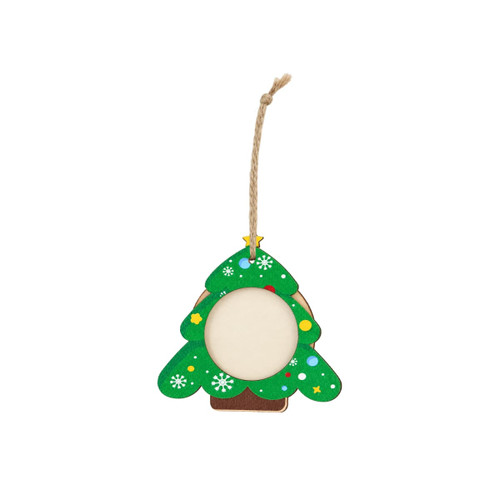 A green wooden ornament shaped like a Christmas tree with a blank centre and festive decorations. Includes a hanging twine.