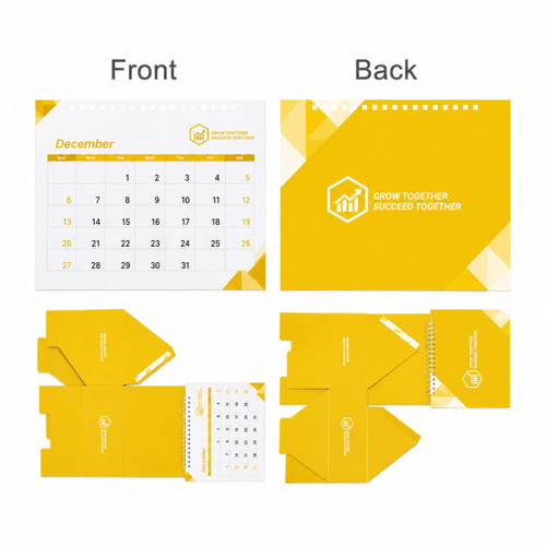 A desk calendar with an organiser, featuring a yellow design, monthly calendar on the front and an organised back.