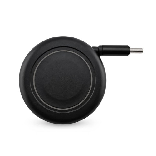 A black retractable car charger with a circular design and a connecting plug. Features a logo on the surface.