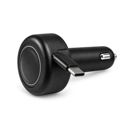 A black retractable car charger with a USB-C plug, featuring a rounded design and an integrated charging cable.