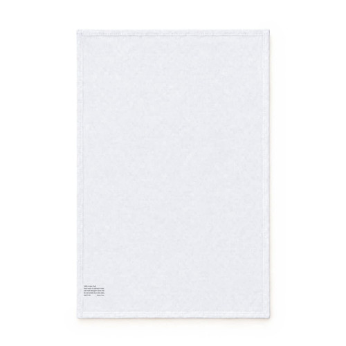 A white cotton tea towel featuring a stitched edge and a small logo in the corner.