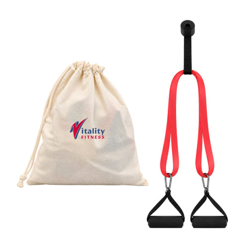 A red resistance band set with black handles, accompanied by a cream drawstring bag featuring a logo.