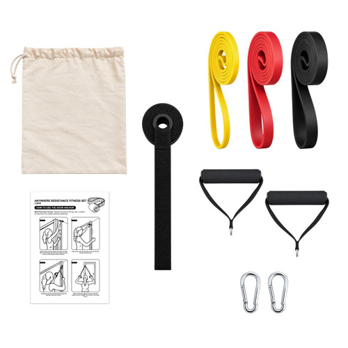A set of fitness resistance bands in red, yellow, black, and grey, with handles, attachments, and a carry bag.