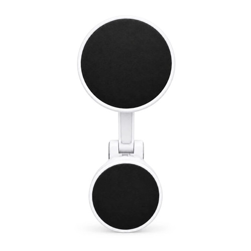 A two-part phone holder in white with black circular magnet sections, designed for secure attachment.