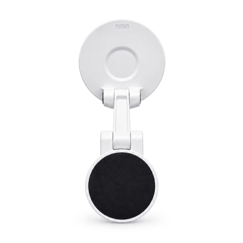 A white phone holder with a black magnetic base and a suction cup for mounting. It features a logo on the back.