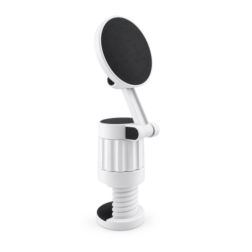 A white phone holder with a magnetic disc and adjustable arm for easy positioning and secure attachment.