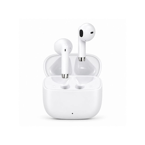 White half in-ear design earbuds in a charging case, featuring a simple design and a logo on the case.