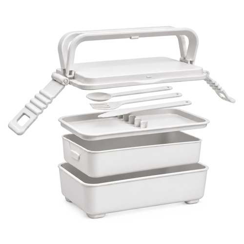 A double tray lunchbox in white with a handle, containing two compartments and a fork and spoon set.