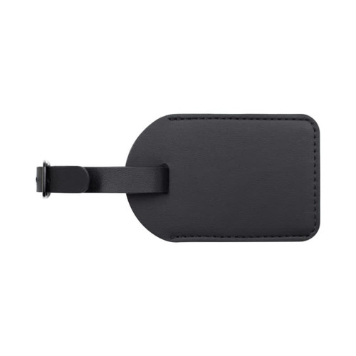 A black luggage tag with a loop attachment, featuring a smooth surface and rounded edges.