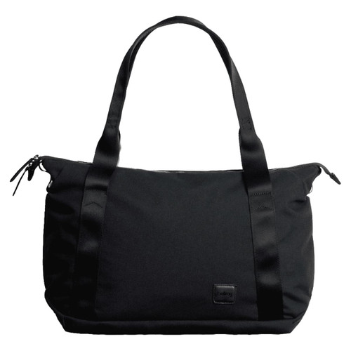 A black tote bag with two sturdy handles, featuring a sleek design and a logo.
