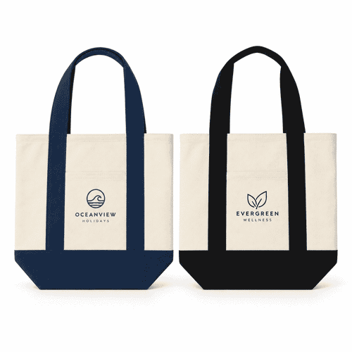 Two canvas totes displayed side by side: one navy blue with a logo, and one black with a different logo, both cream-coloured.