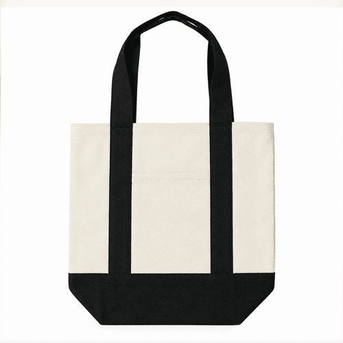 A mini canvas tote in cream with black straps and a reinforced bottom, featuring a logo.