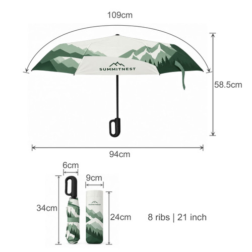 An umbrella featuring a green mountain design, equipped with a black carabiner for easy attachment.
