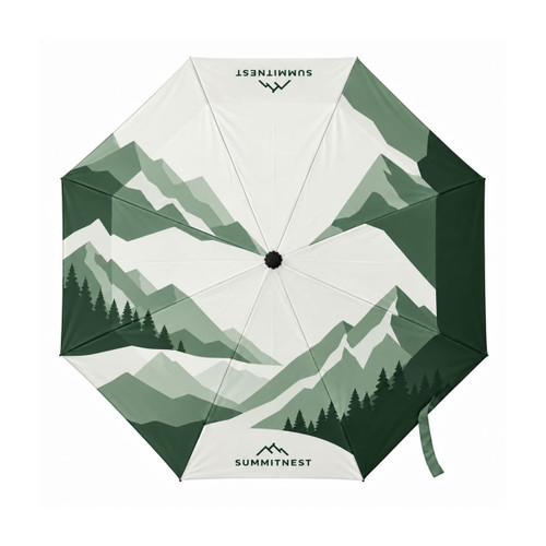 An umbrella featuring a green mountain landscape design and a black logo at the top centre.