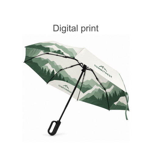 A green and white umbrella featuring a mountain design and a logo, with a black handle and a carabiner.