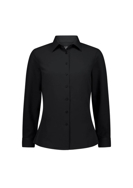 A black long sleeve women's shirt with a button-up front and a fitted design, featuring a logo.