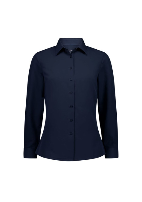 A women's long sleeve shirt in navy blue with a button-down front and a collar, featuring a logo on the label.