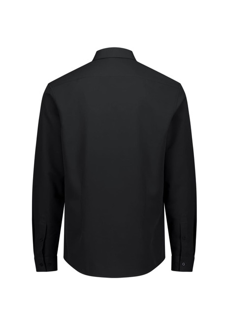 A black long sleeve men's shirt with a collar and buttoned cuffs, featuring a logo on the back.
