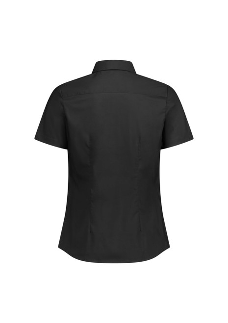 A short-sleeve women's shirt in black, featuring a classic collar and a tailored fit. Includes a logo.