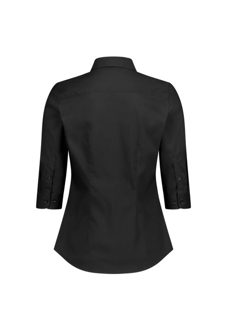 A black women's 3/4 sleeve shirt with a fitted design and buttoned cuffs. Features a collar and a back yoke with branding.