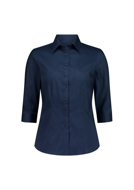 A navy blue women's 3/4 sleeve shirt with a button-up front and a collar, featuring a logo on the chest.