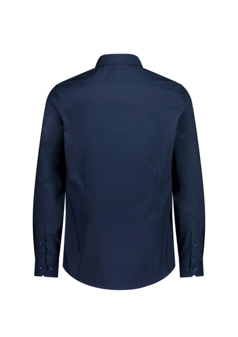 A navy Fitzroy men's slim fit long sleeve shirt featuring a button-up design and a logo on the garment.
