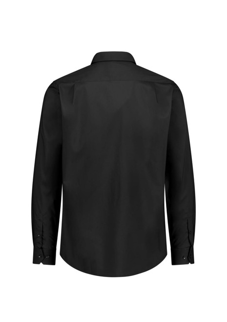 A black long sleeve shirt featuring a classic fit and buttoned cuffs, with a plain back design and a logo on the label.