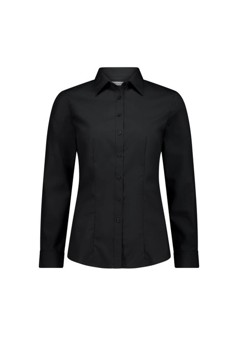 A black long sleeve women's shirt with a collared neck and button-up front, featuring a logo.