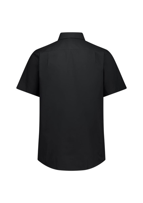 A classic fit short sleeve shirt in black, featuring a plain back and a collar. It has a logo on the label.