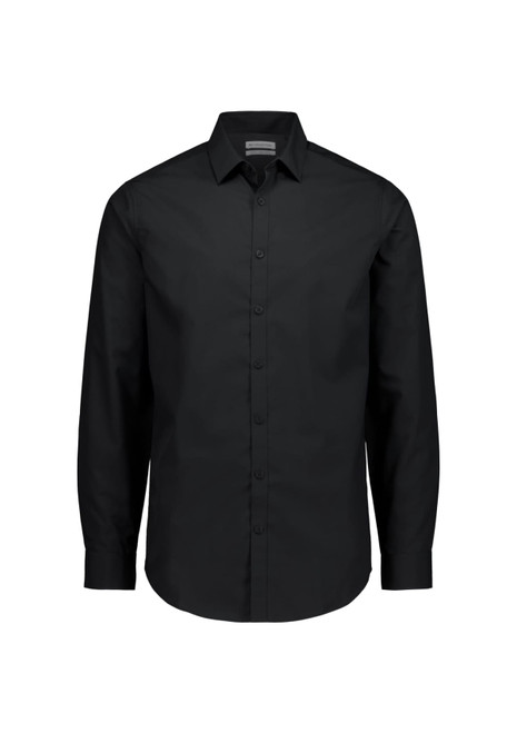 A black slim fit long sleeve shirt with a button-down front and a collar. It features a logo on the chest.