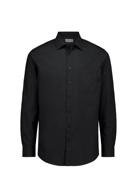 A black long sleeve shirt with a classic fit and a single chest pocket, featuring a logo on the label.