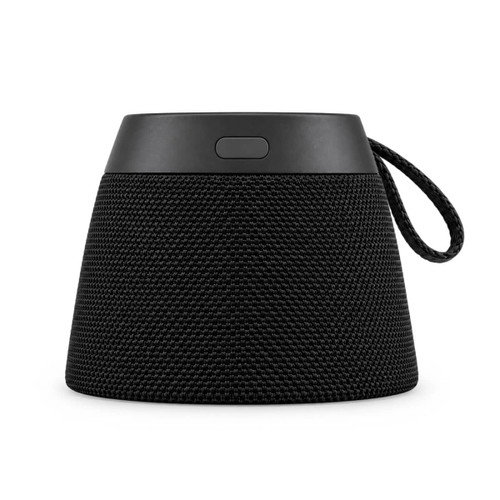 A black, cone-shaped speaker with a textured exterior and a looped handle for carrying. It features a power button on top.