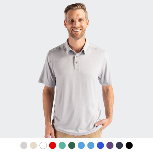 A light grey polo shirt on a smiling man, featuring a collar and buttons, with a branding logo.