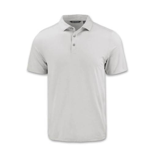 A light grey polo shirt with a collar and three buttons, featuring a logo on the chest.