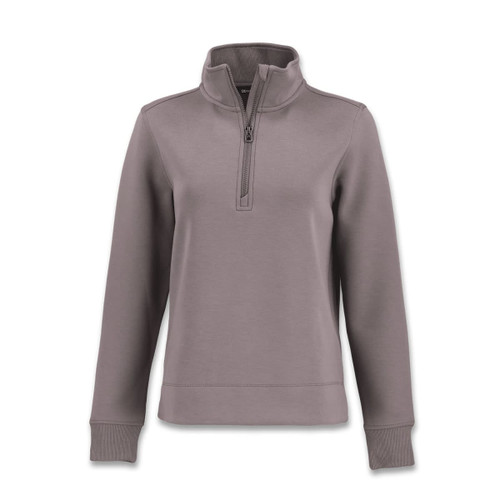 A women's half zip jacket in grey with a high collar and long sleeves, featuring a logo.