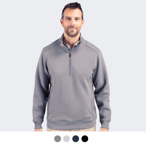 A half zip jacket in grey with a collar and long sleeves, featuring a logo on the chest.