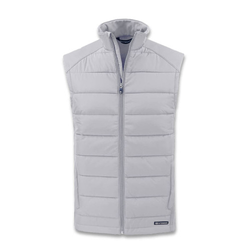A grey, sleeveless hybrid vest with a front zipper and a logo on the hem.