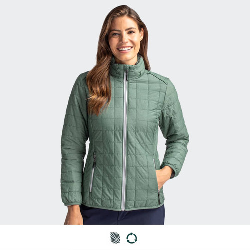 A women's jacket in green with a quilted design and a zip front, featuring a collar and side pockets.