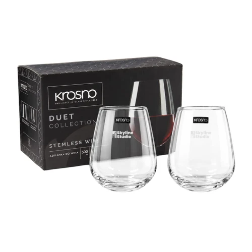 A set of two clear stemless wine glasses is displayed with a black box featuring a logo.