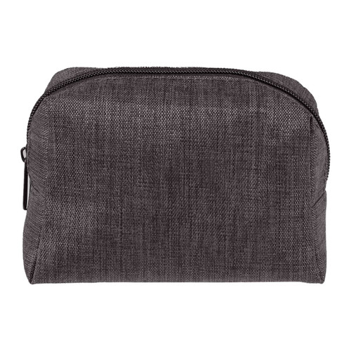 A grey toiletry bag with a zip closure, suitable for personal care essentials. Features a simple design and fabric texture.