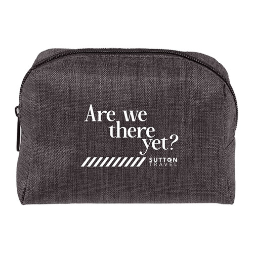 A grey travel pouch with a zip closure and a logo, featuring the phrase "Are we there yet?" in white text.