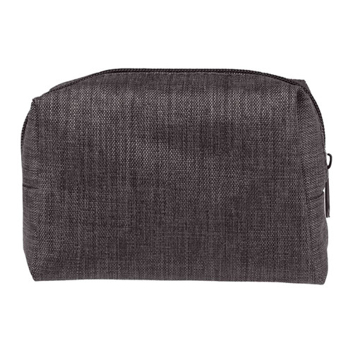 A grey textured bag with a zip closure, designed for personal care essentials.