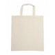 A beige calico bag with short handles and a simple design. Features a logo on one side.