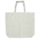 A natural beige calico bag with short handles and a gusset, featuring a logo on one side.
