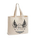 A cream calico bag with a gusset and a decorative black print featuring wings and a heart design. It has two short handles and a logo.