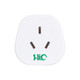 A white universal travel adaptor designed for AU to US compatibility, featuring three rectangular prongs and a logo.