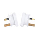 A pair of white travel adapters featuring Australian plugs for use in UK sockets.